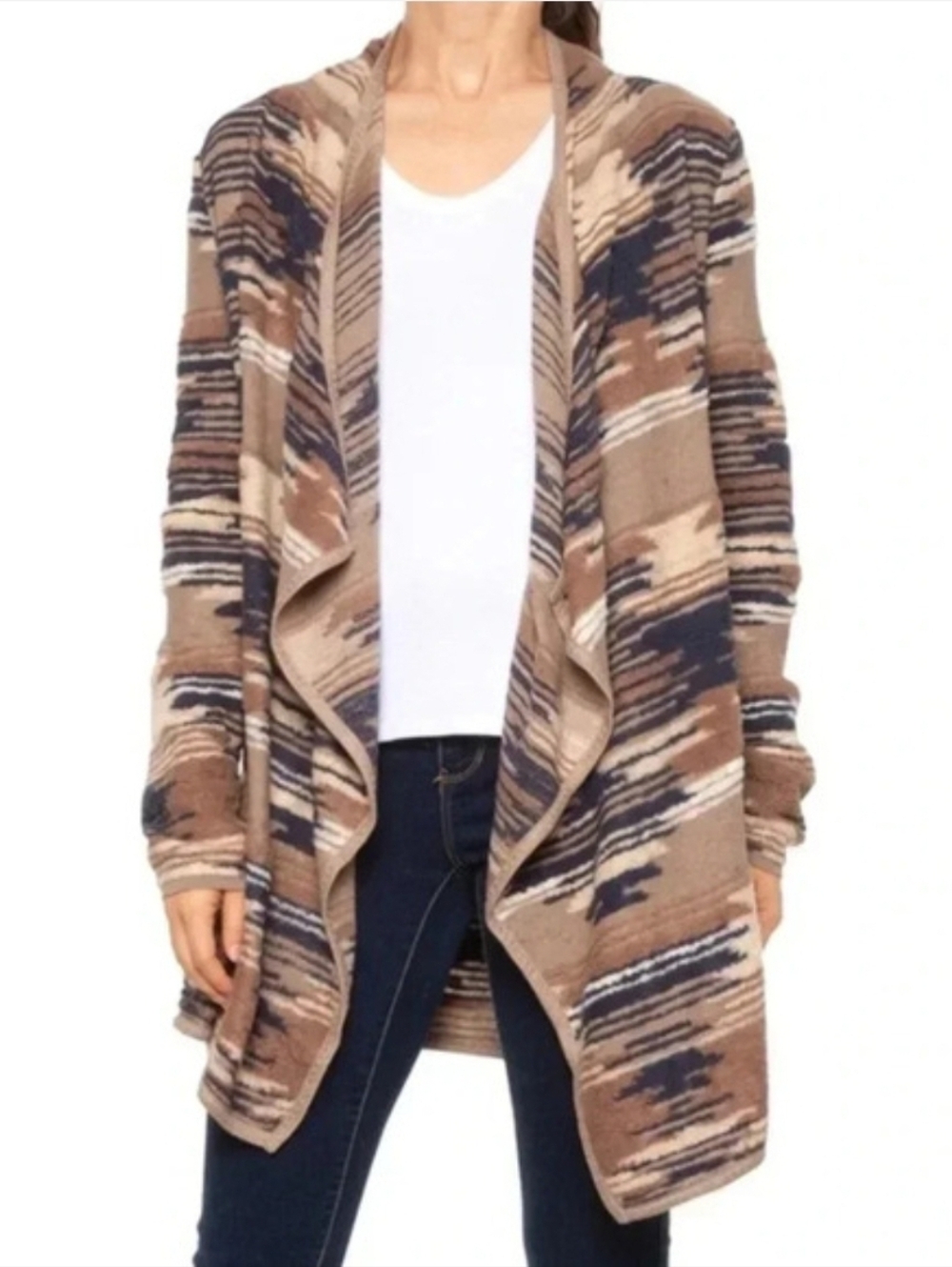 Lucky Brand Patterned Cardigan - Brown Navy Tan Cream